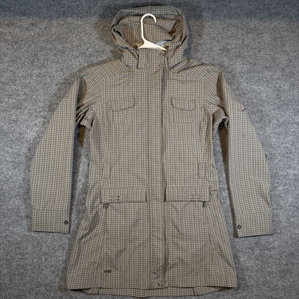 Outdoor Research Waterproof Envy Rain Jacket Womens M Hooded Plaid Trench Coat